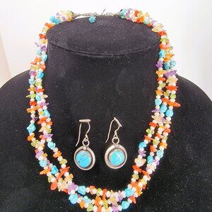 19" Turquoise Necklace w/Coral, Quartz, Seed Pearls & Sterling Silver Earrings